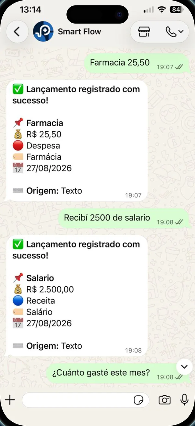 WhatsApp chat with transactions recorded by the Smart Flow+ AI